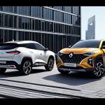 A captivating side-by-side display of two modern SUVs. On the left, the Renault Arkana with its sleek, elegant coupe-SUV silhouette and sporty lines in an urban setting. On the right, the Hyundai Tucson, showcasing its bold, futuristic parametric gem design with sharp angles and a muscular presence in a similar urban environment. Emphasize distinct contemporary aesthetics.