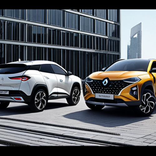Home 4 A captivating side-by-side display of two modern SUVs. On the left, the Renault Arkana with its sleek, elegant coupe-SUV silhouette and sporty lines in an urban setting. On the right, the Hyundai Tucson, showcasing its bold, futuristic parametric gem design with sharp angles and a muscular presence in a similar urban environment. Emphasize distinct contemporary aesthetics.