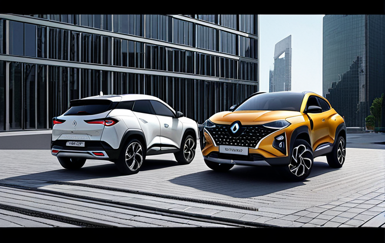 A captivating side-by-side display of two modern SUVs. On the left, the Renault Arkana with its sleek, elegant coupe-SUV silhouette and sporty lines in an urban setting. On the right, the Hyundai Tucson, showcasing its bold, futuristic parametric gem design with sharp angles and a muscular presence in a similar urban environment. Emphasize distinct contemporary aesthetics.